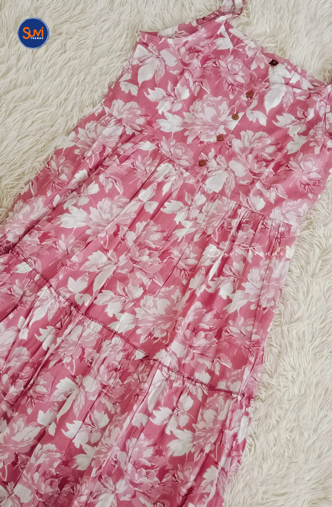 Floral Printed Cotton Long Dress - Pink