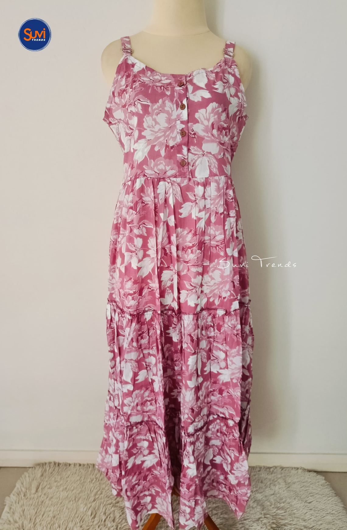 Floral Printed Cotton Long Dress - Pink