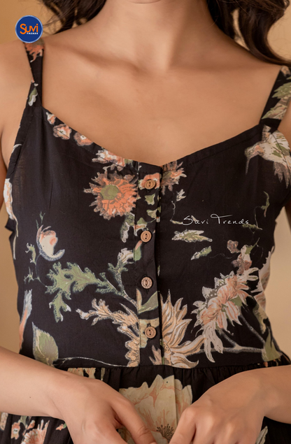 Cotton Printed Sleeveless Long Dress - Black