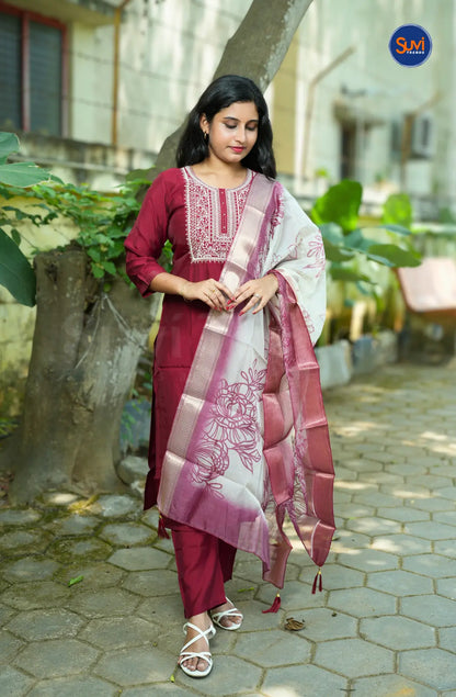 Sequins Embroidery Suit Set with Organza Dupatta - Dark Red