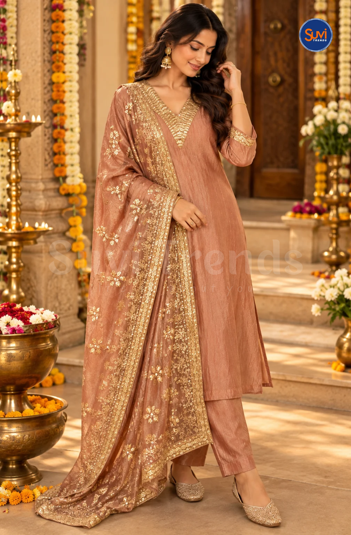 Sequins Work Embellished Suit Set - Peach Gold