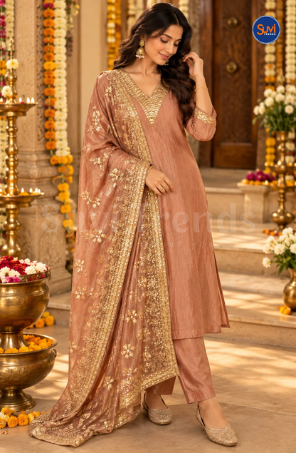 Sequins Work Embellished Suit Set - Peach Gold