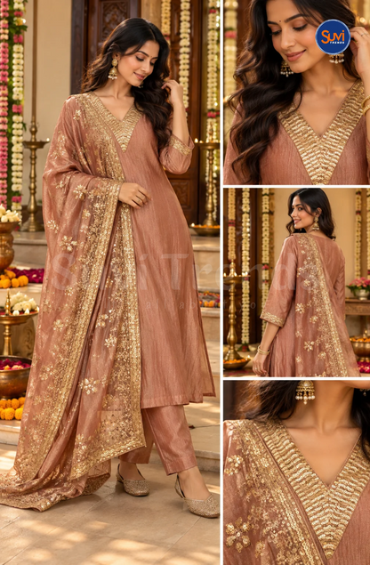 Sequins Work Embellished Suit Set - Peach Gold