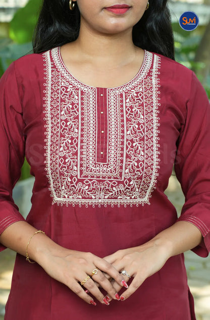 Sequins Embroidery Suit Set with Organza Dupatta - Dark Red