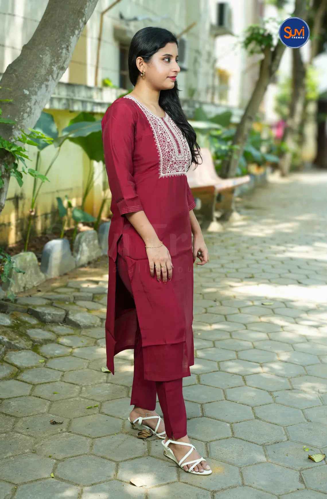Sequins Embroidery Suit Set with Organza Dupatta - Dark Red
