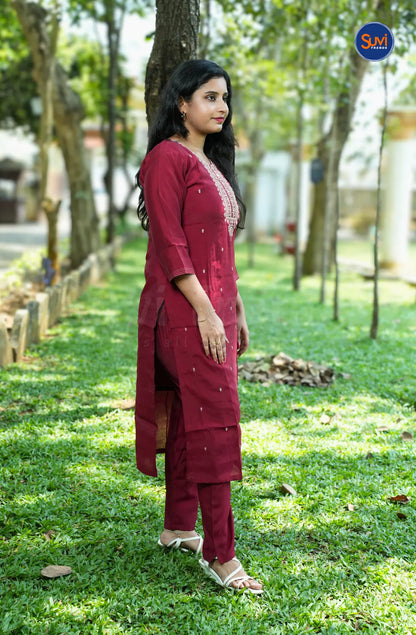 Sequins Embroidery Suit Set with Organza Dupatta - Dark Red