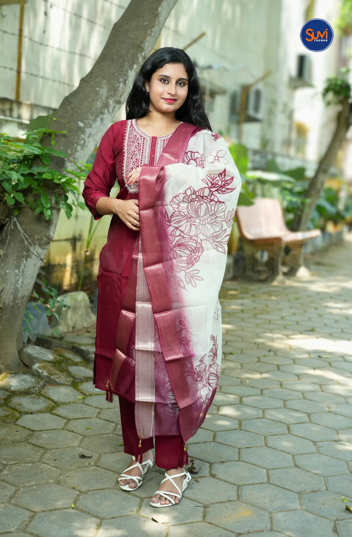 Sequins Embroidery Suit Set with Organza Dupatta - Dark Red