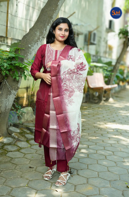 Sequins Embroidery Suit Set with Organza Dupatta - Dark Red