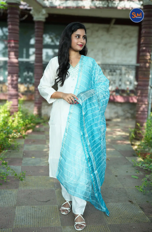 Silk Suit Set with Bead Work - Off White