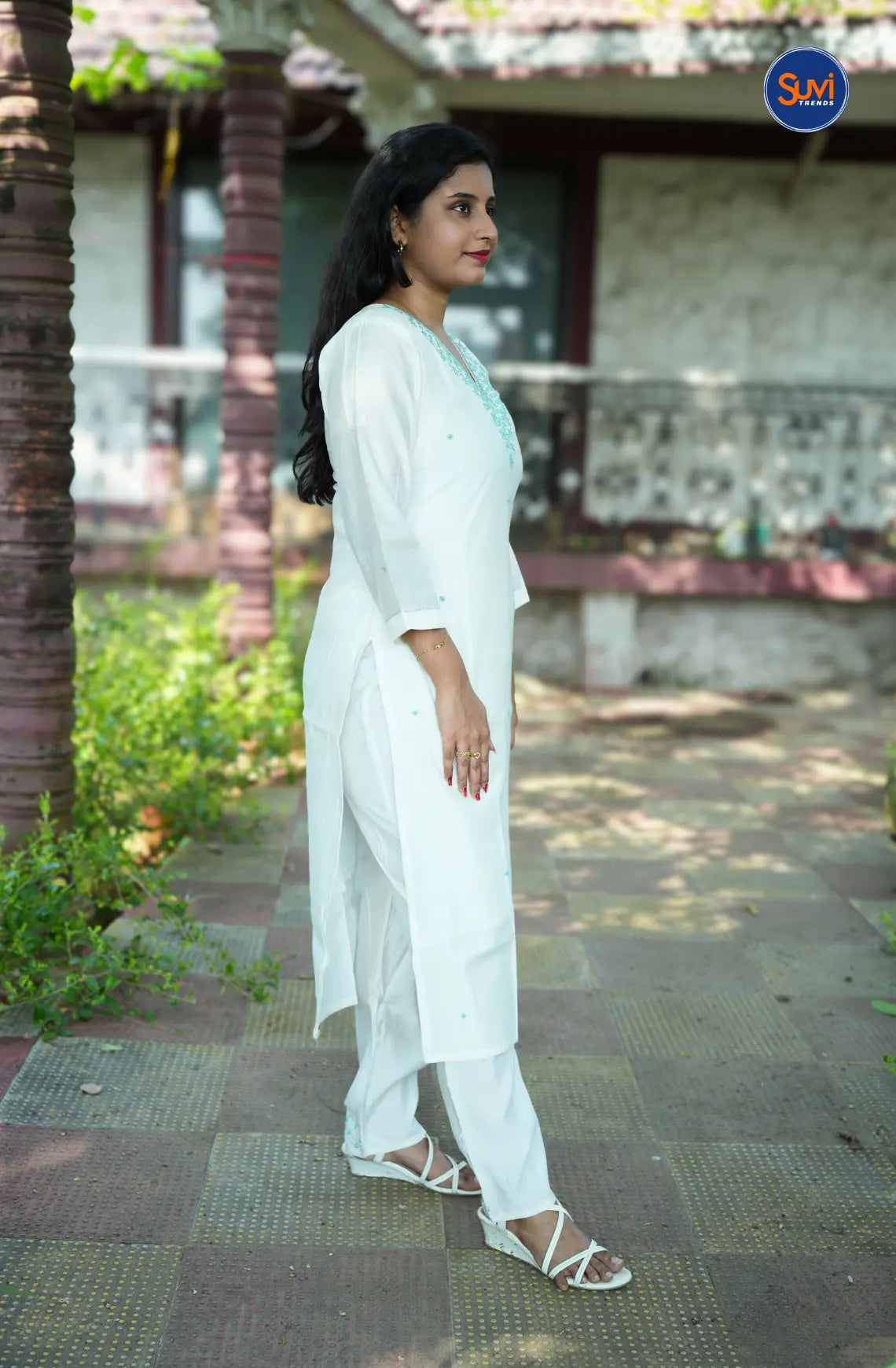 Silk Suit Set with Bead Work - Off White