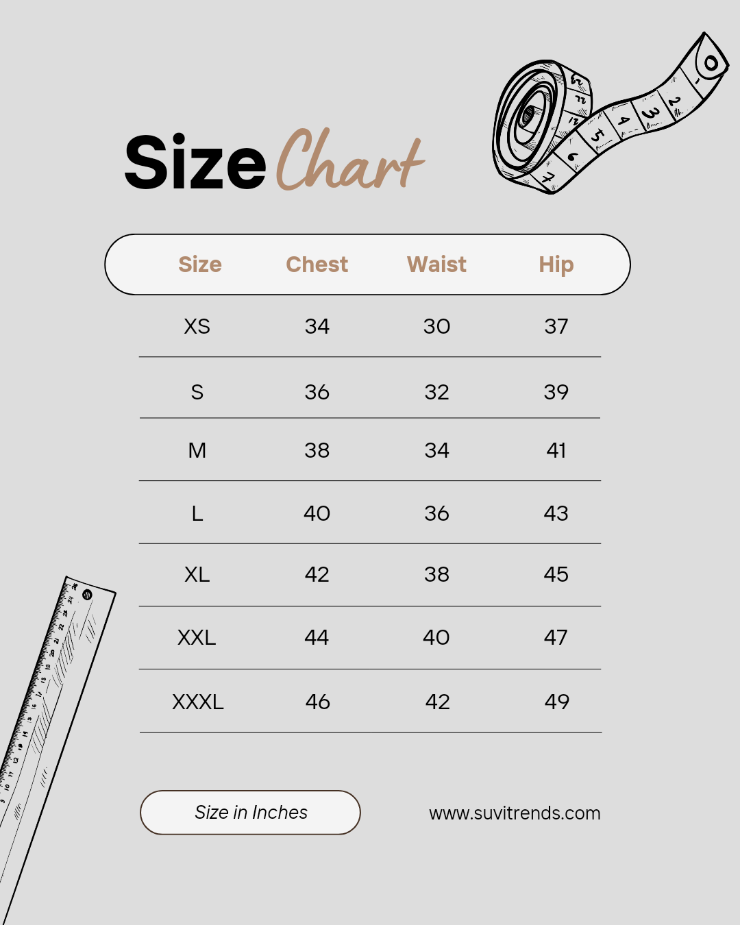 Size chart for Tree Motif Printed Straight Kurta - Orange