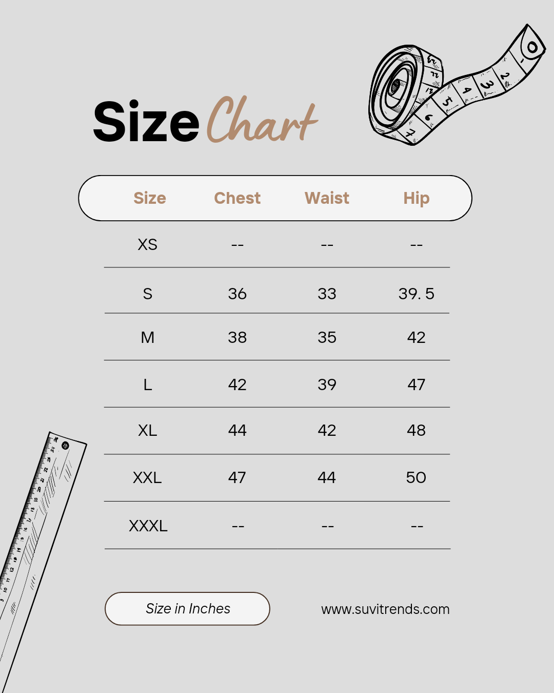 Size chart for Green Floral Mirror Work Kurti Set