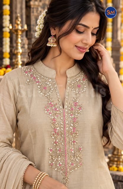 Solid Suit Set with Floral Work - Beige
