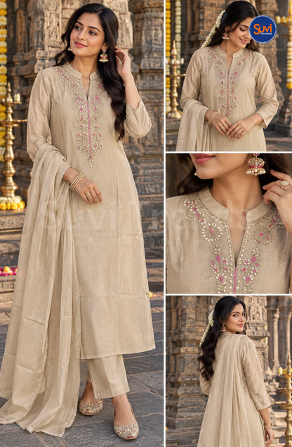 Solid Suit Set with Floral Work - Beige
