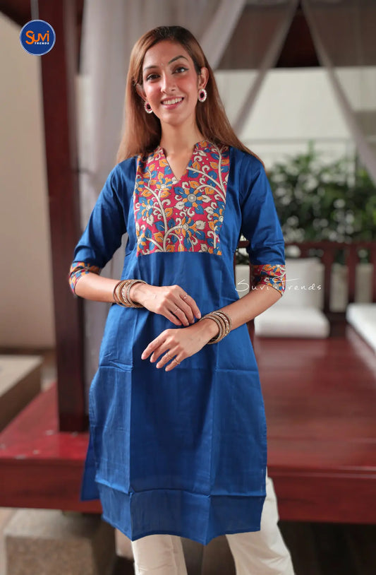 Solid Long Kurta with Kalamkari Yoke - Blue