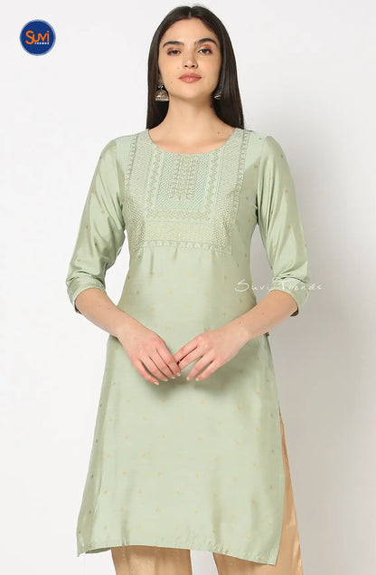 Straight Kurta with Embroidered Yoke - Mint
