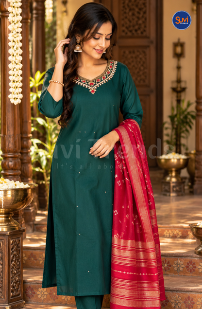 Suit Set with Bead and Sequins Work - Emerald Green