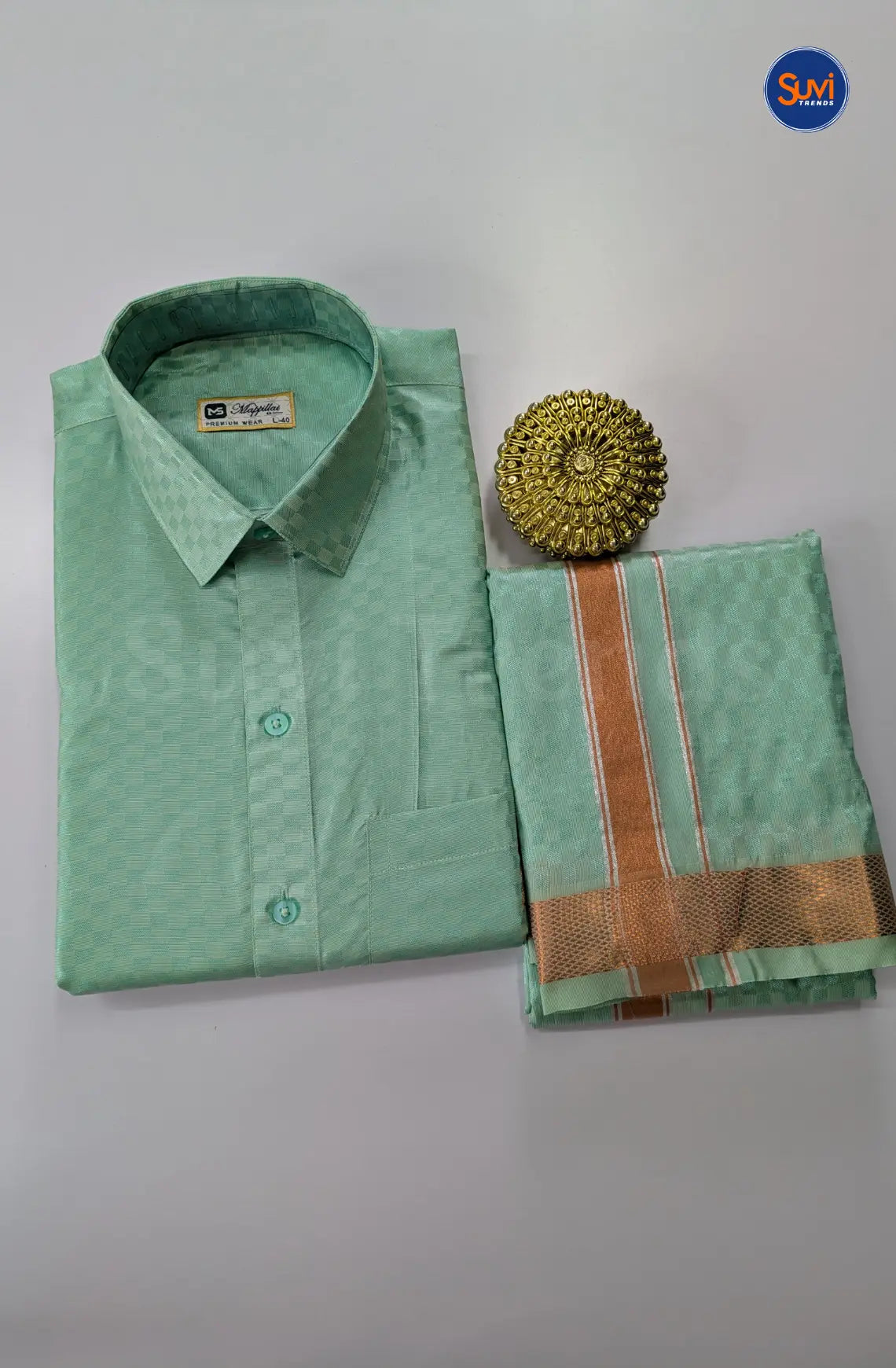 Textured Weave Japan Silk Dhoti Set - Rama