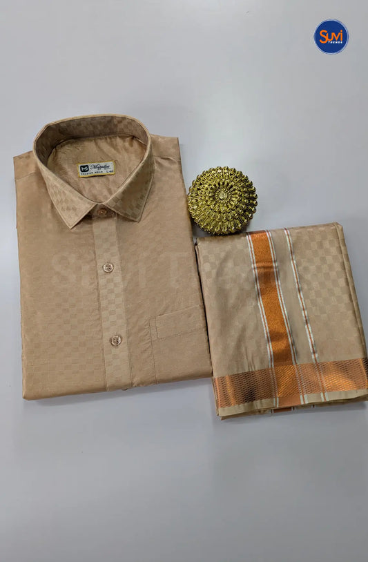 Textured Weave Japan Silk Dhoti Set - Sand Stone