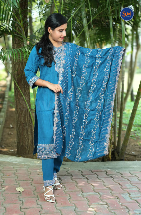 Thread Embroidery Suit Set with Dupatta - Blue