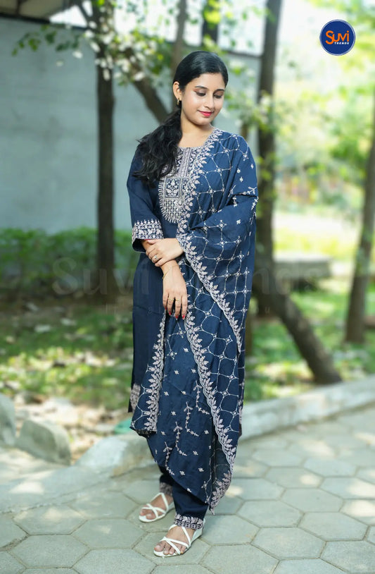 Thread Embroidery Suit Set with Dupatta - Dark Blue