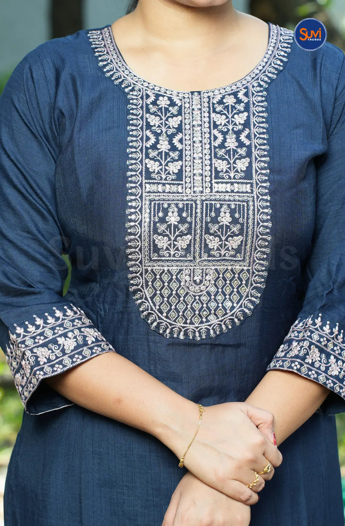 Thread Embroidery Suit Set with Dupatta - Dark Blue