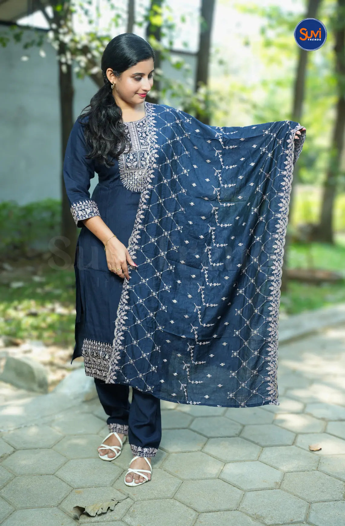 Thread Embroidery Suit Set with Dupatta - Dark Blue