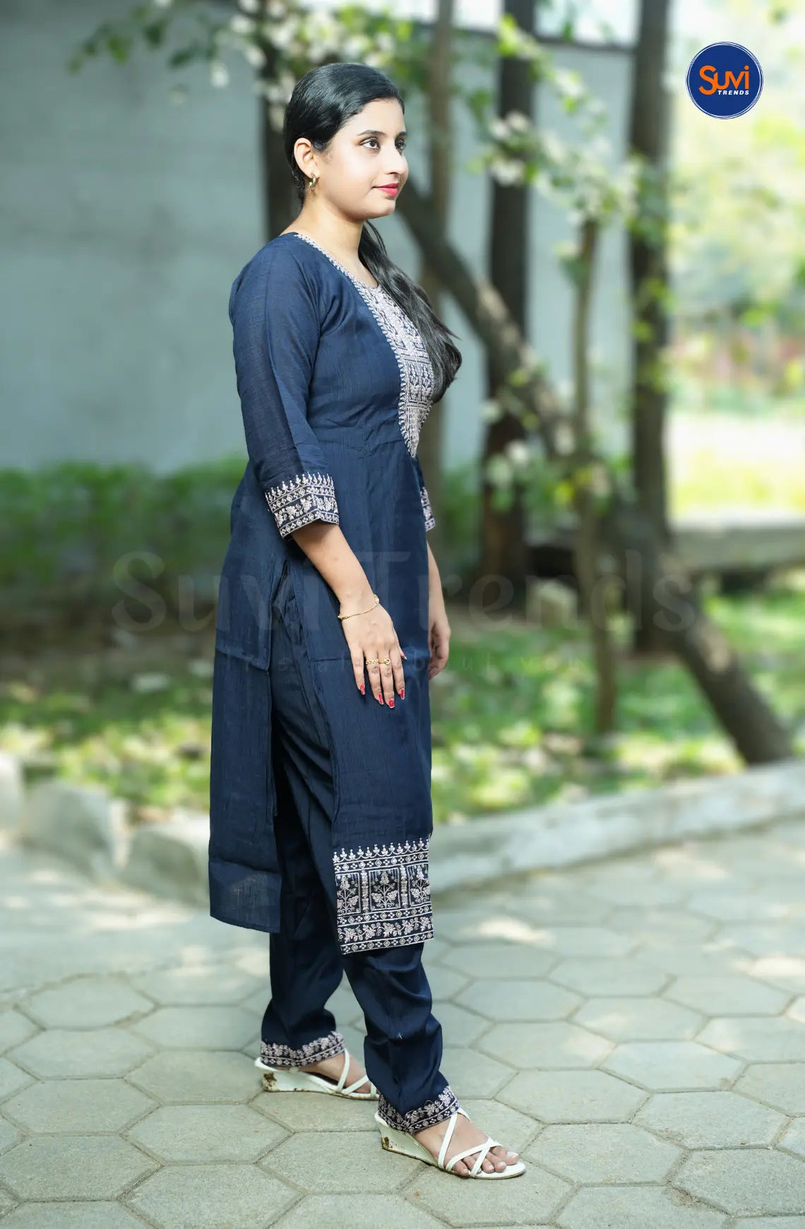 Thread Embroidery Suit Set with Dupatta - Dark Blue