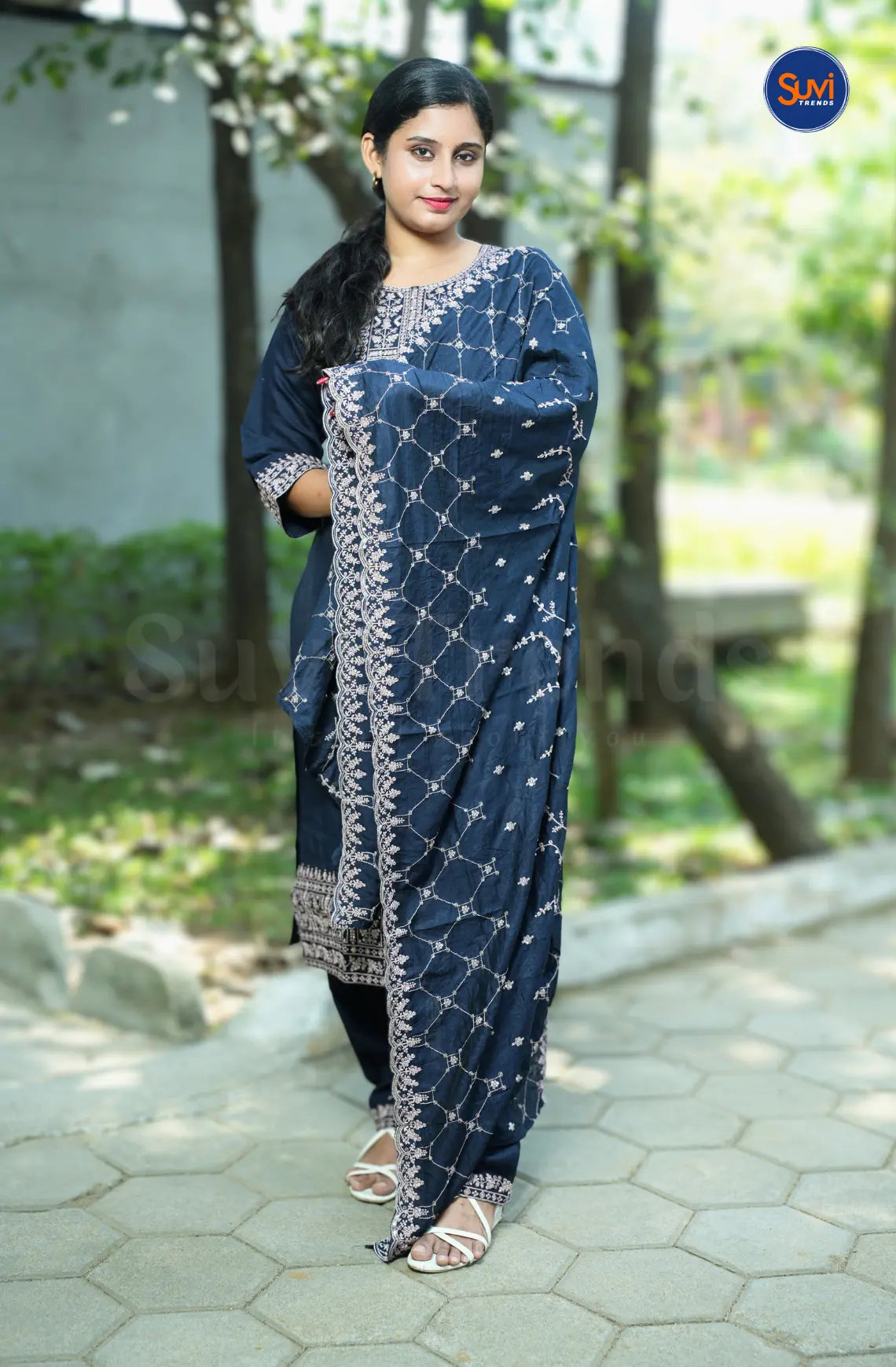 Thread Embroidery Suit Set with Dupatta - Dark Blue