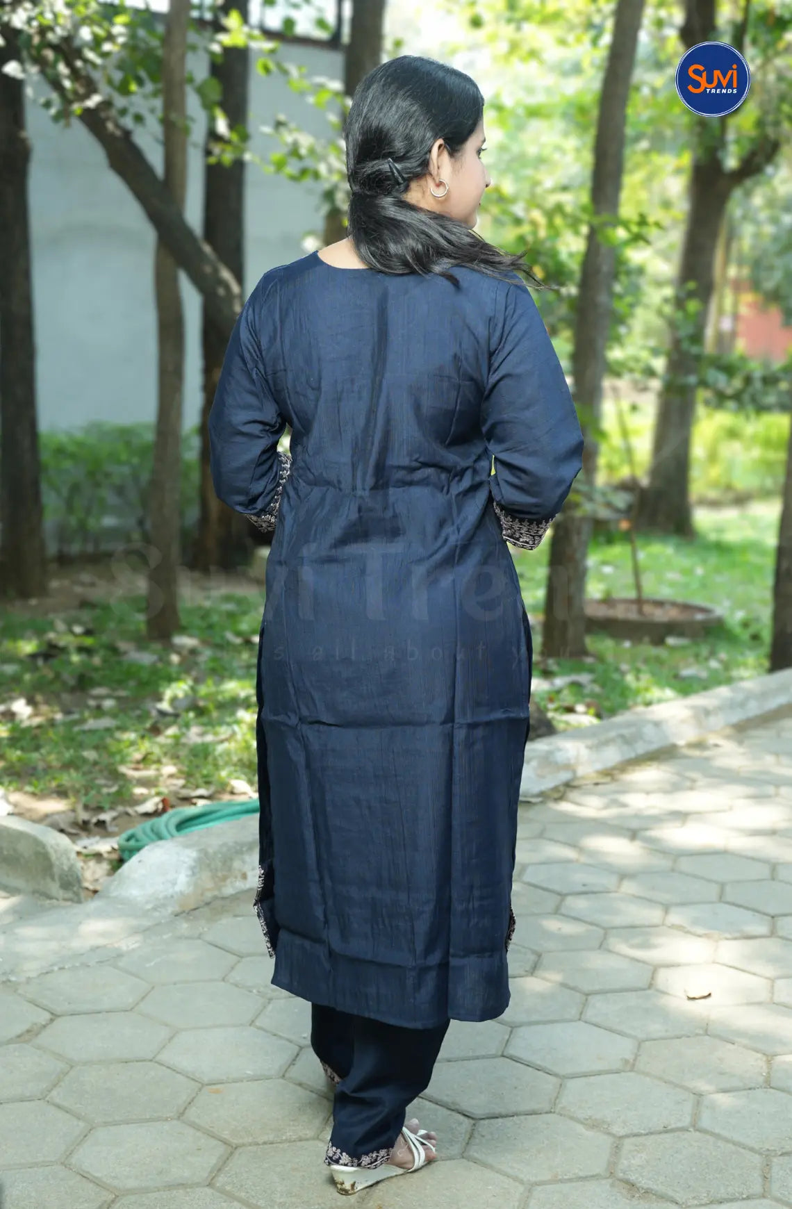 Thread Embroidery Suit Set with Dupatta - Dark Blue