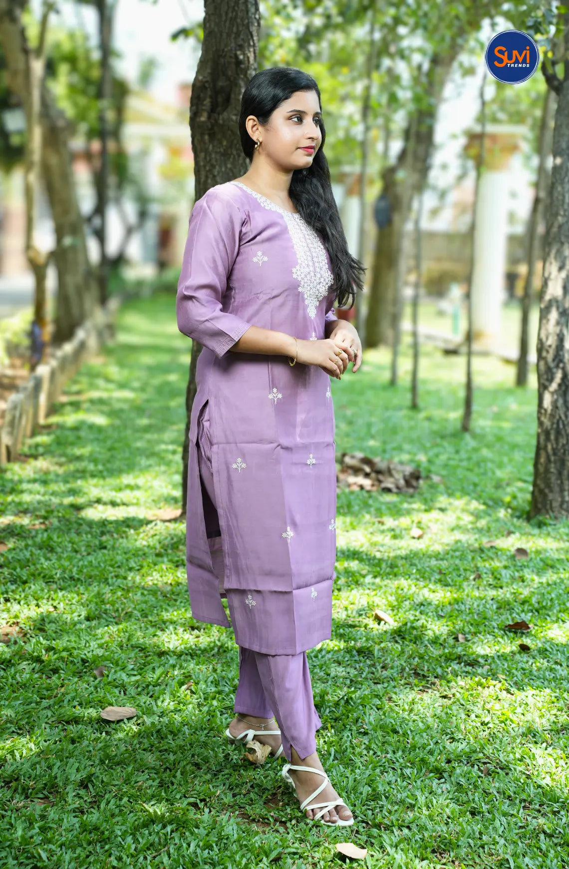 Thread Embroidery Suit Set with Organza Dupatta - Lavender