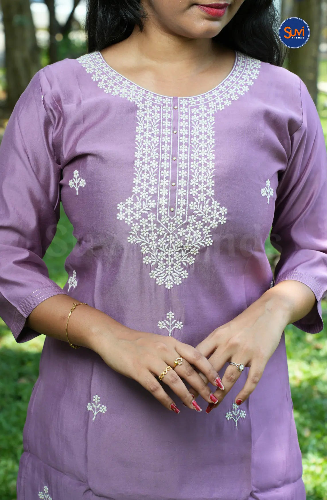 Thread Embroidery Suit Set with Organza Dupatta - Lavender