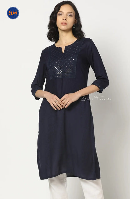Yoke Embroidered Straight Kurta - Navy Blue