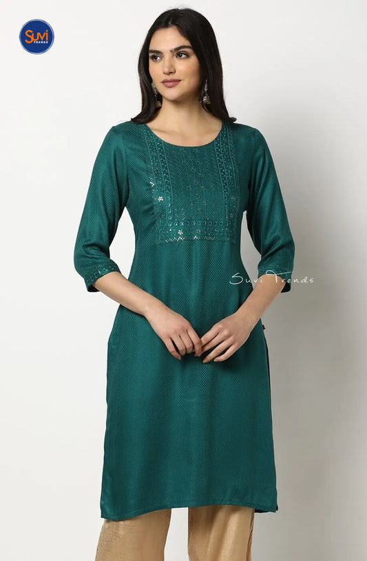 Yoke Embroidered Straight Kurta - Teal
