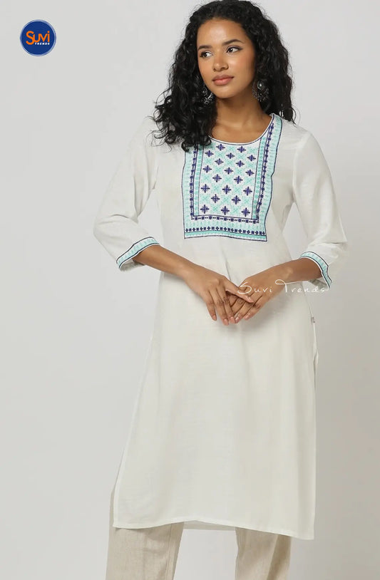 Yoke Embroidered Straight Kurta - White