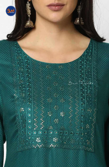Yoke Embroidered Straight Kurta - Teal
