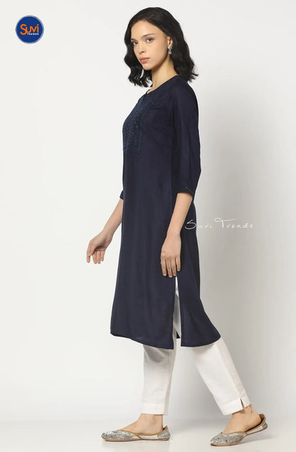 Yoke Embroidered Straight Kurta - Navy Blue