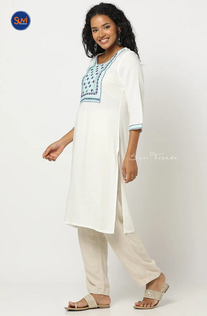 Yoke Embroidered Straight Kurta - White