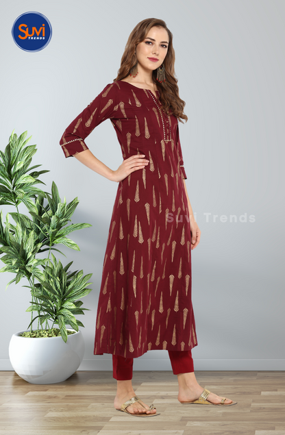 Maroon Cotton Long Kurta with Buttas