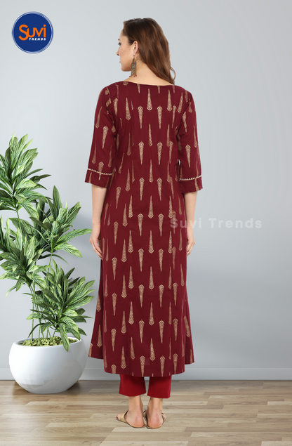 Maroon Cotton Long Kurta with Buttas
