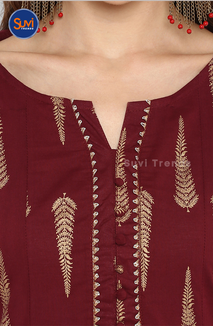 Maroon Cotton Long Kurta with Buttas