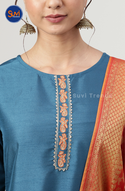 Blue Poly Silk Kurti Set with Dupatta
