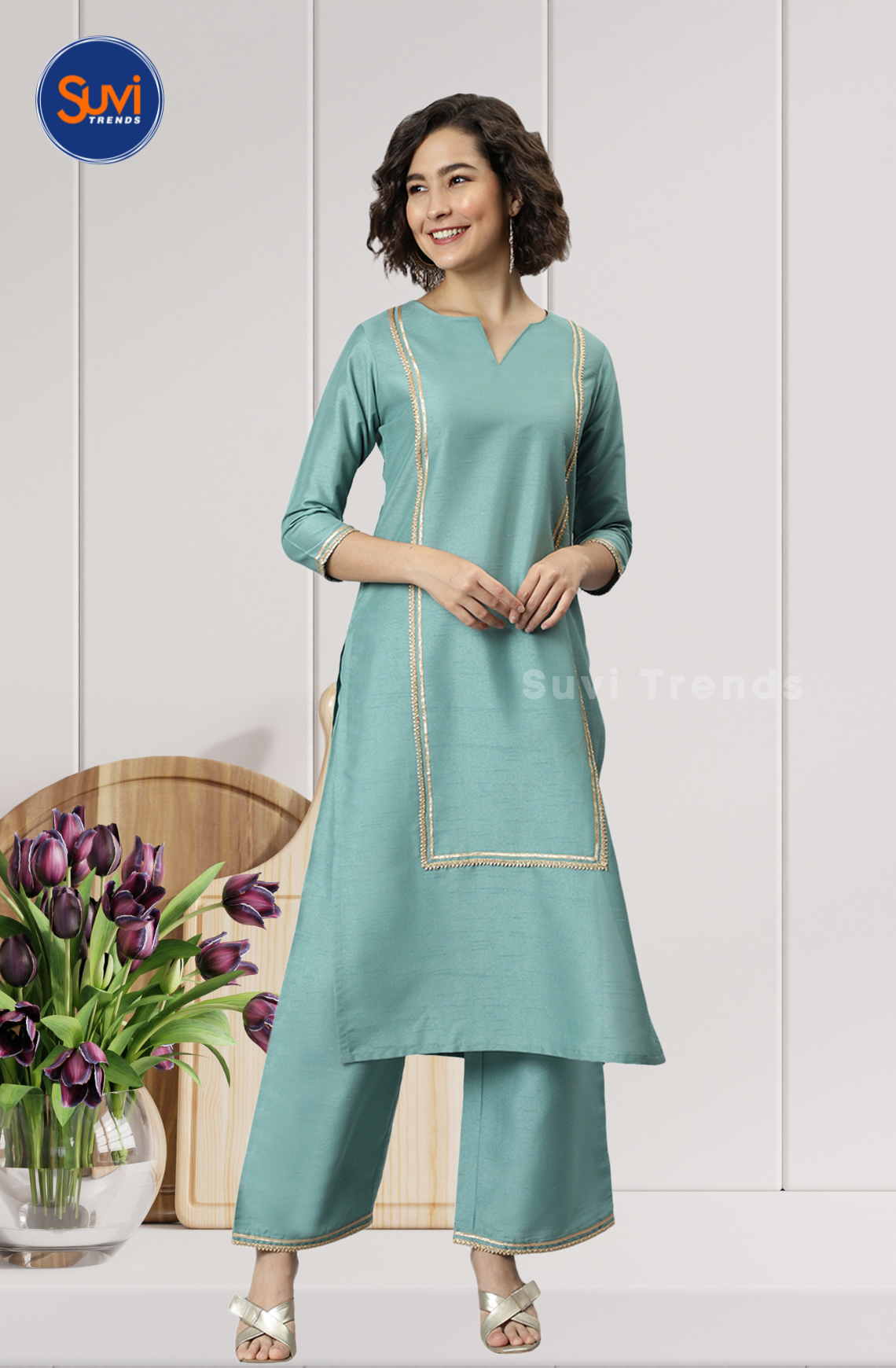 Green Poly Silk Kurti with Palazzo