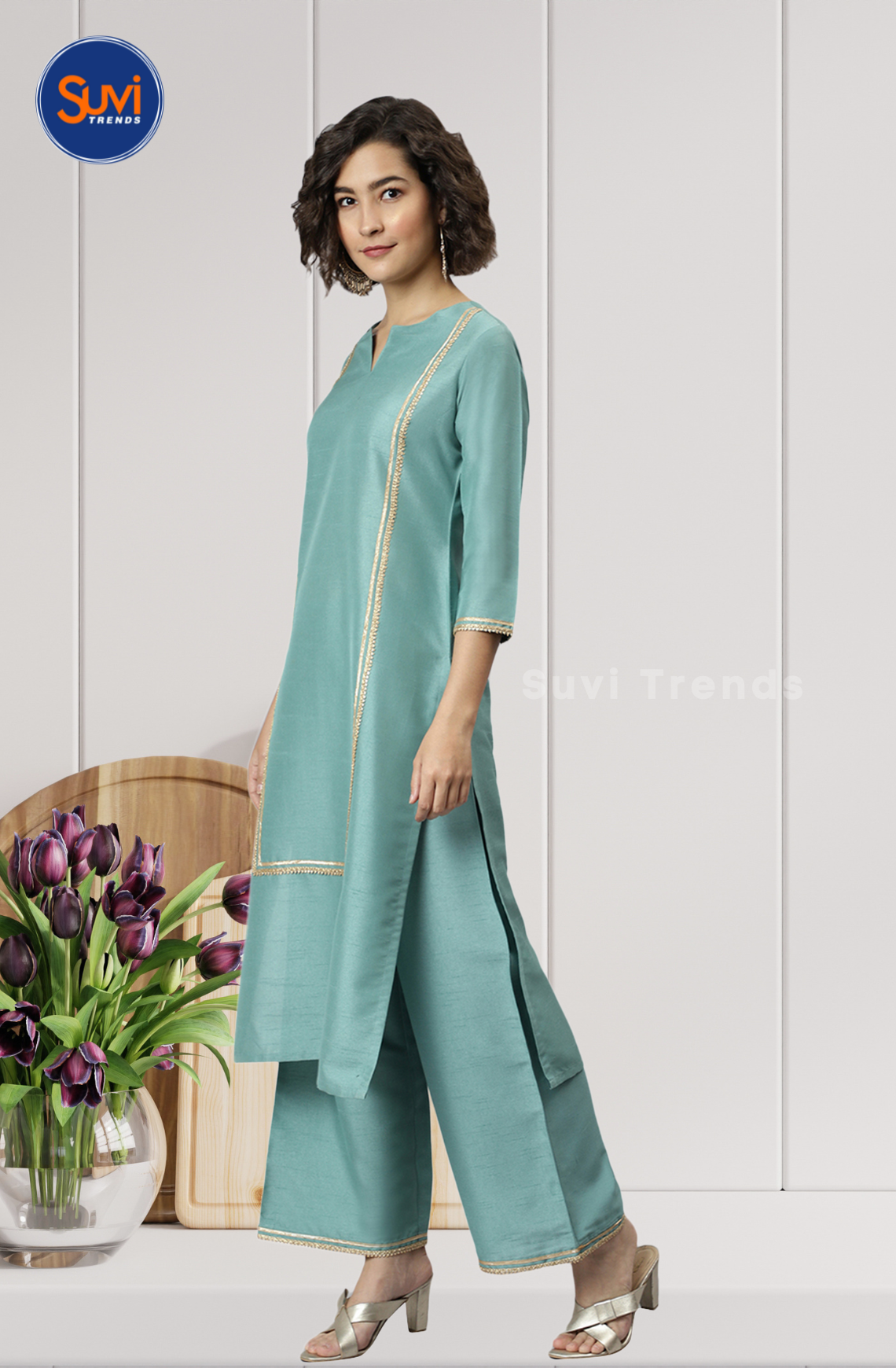 Green Poly Silk Kurti with Palazzo