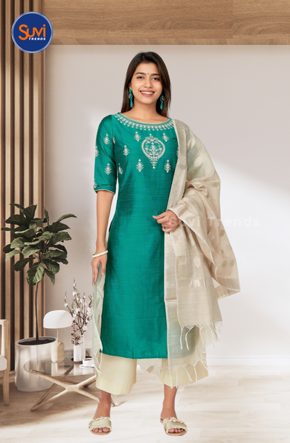Green Floral Mirror Work Kurti Set