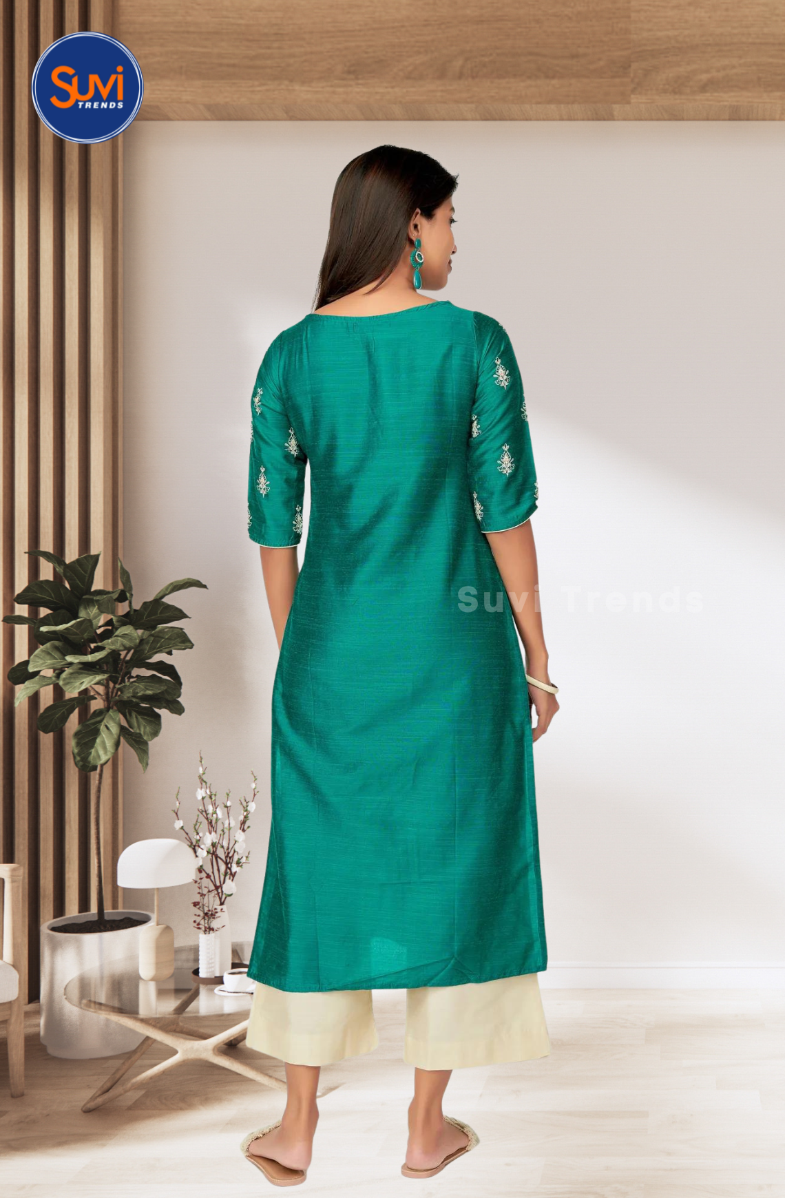 Green Floral Mirror Work Kurti Set