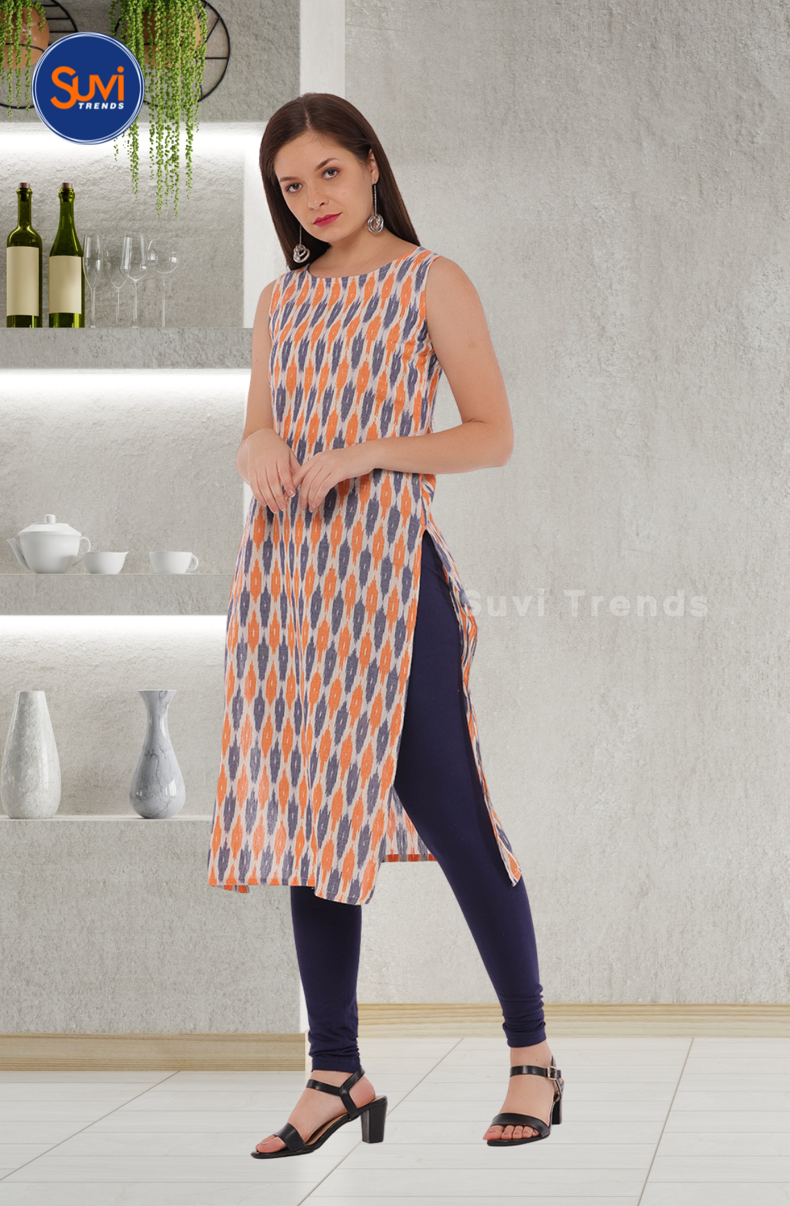 Sleeveless Cotton Ikat Kurti - Orange & Grey