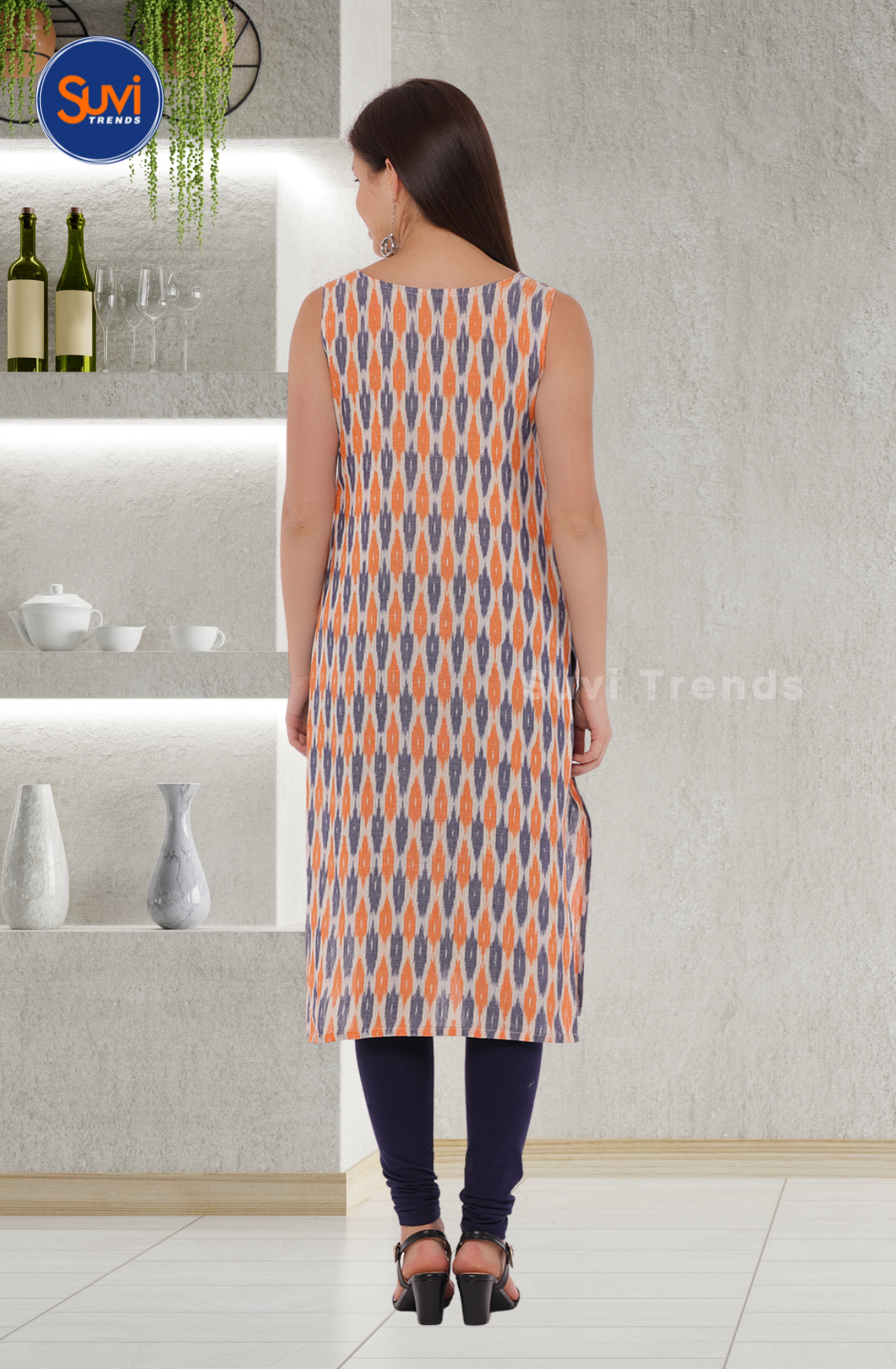 Sleeveless Cotton Ikat Kurti - Orange & Grey