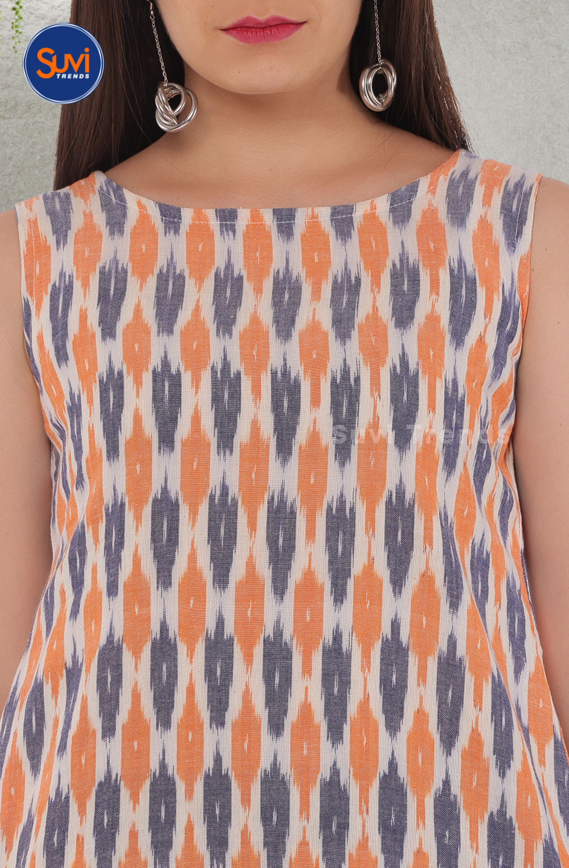 Sleeveless Cotton Ikat Kurti - Orange & Grey