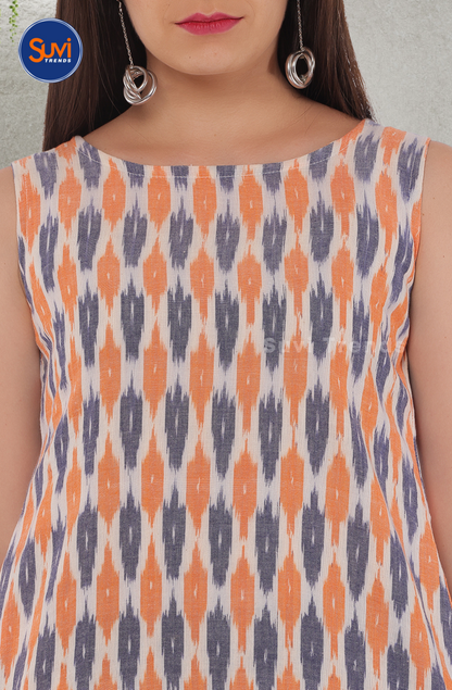Sleeveless Cotton Ikat Kurti - Orange & Grey